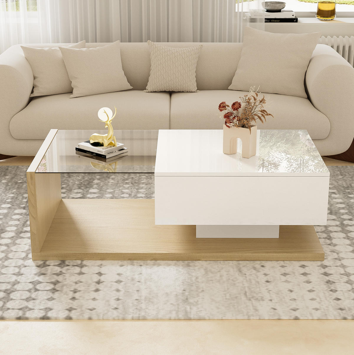 COUCHTISCH 105/55 cm mit Glasplatte und LED-Beleuchtung in Weiß/Holzoptik - Weiß, Holzwerkstoff (105/55/32.5cm) - Flora Grace