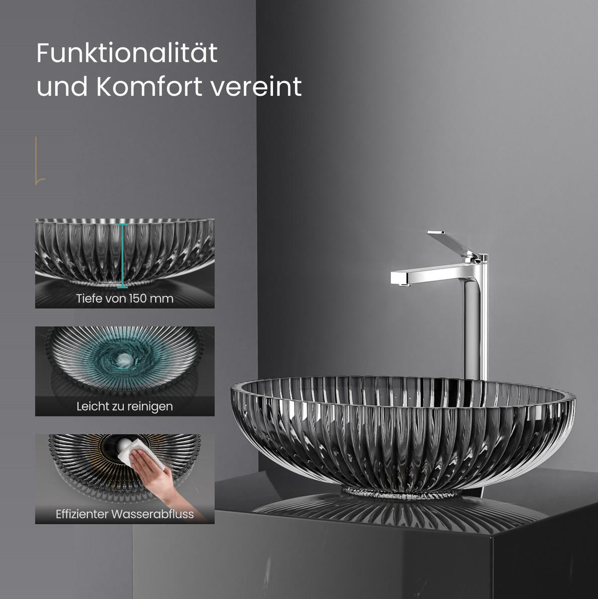 WASCHBECKEN Schwarzes Glas Oval 51 / 35 / 15 cm - Schwarz, Glas (35/15/51cm) - EMKE