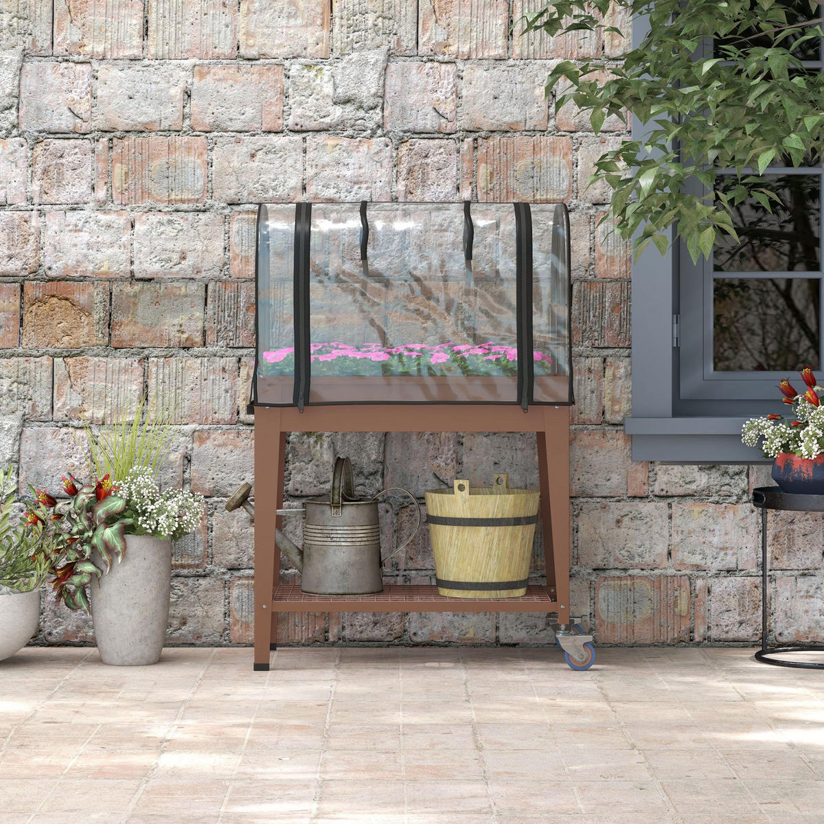 HOCHBEET DE-16036 mit transparenter Abdeckung & Rollen - Braun, Metall (80/120/40cm) - ComfortXL