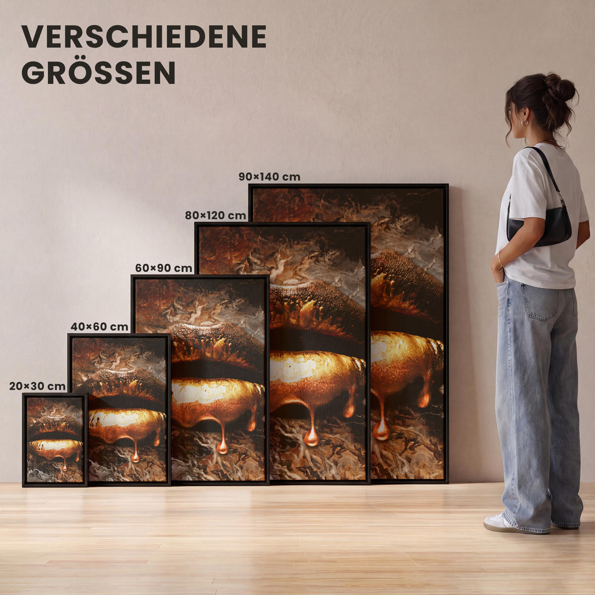 LEINWAND Bilder mit Rahmen - Gold - Lippen - Kunst - Gold - Luxus - Abstrakt - 40x60 - Kupferfarben, Textil (40/60cm) - MuchoWow