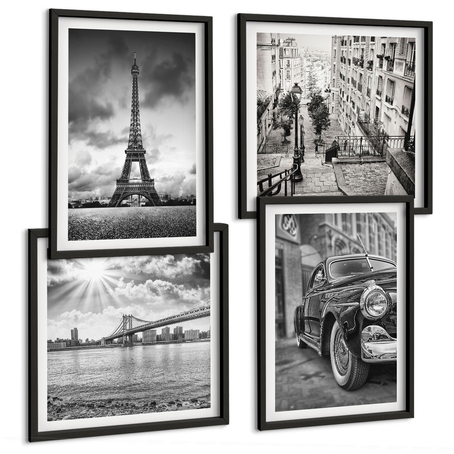 BILDER SET 4er Set - 50x50 cm & 40x60 cm Schwarzer Rahmen - Stadtansichten, Brücken, Eiffelturm, Auto - Schwarz, Kunststoff (50/50cm) - TULUP