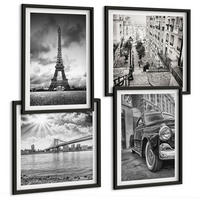 BILDER SET 4er Set - 50x50 cm & 40x60 cm Schwarzer Rahmen - Stadtansichten, Brücken, Eiffelturm, Auto - Schwarz, Kunststoff (50/50cm) - TULUP
