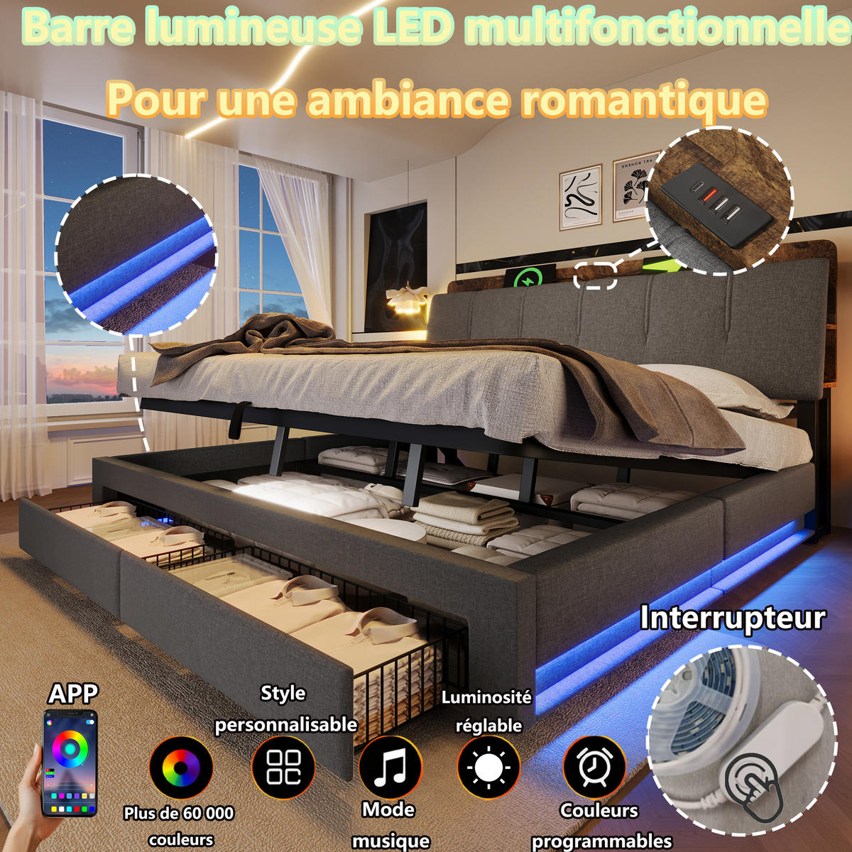 POLSTERBETT 180/200 cm in Grau mit Bettkasten, 2 Schubladen, LED, USB und Type-C Leinen - Grau, Holzwerkstoff/Textil (140/200cm) - STILVORA