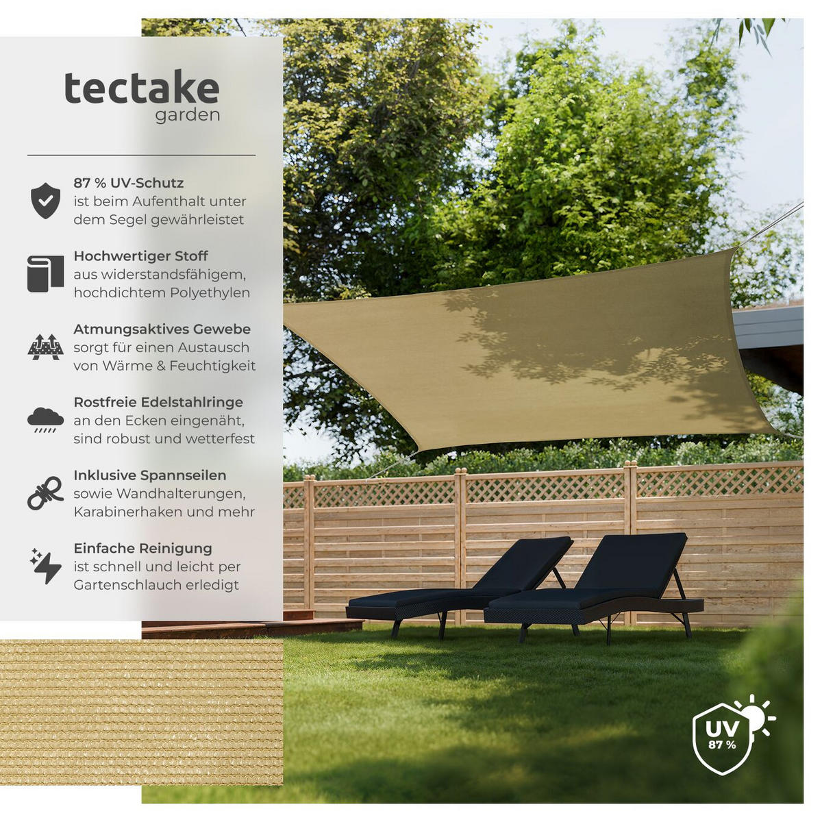 SONNENSEGEL Sunny,umfangreiches Montagematerial,Sand - Sandfarben, Kunststoff (500/300cm) - tectake