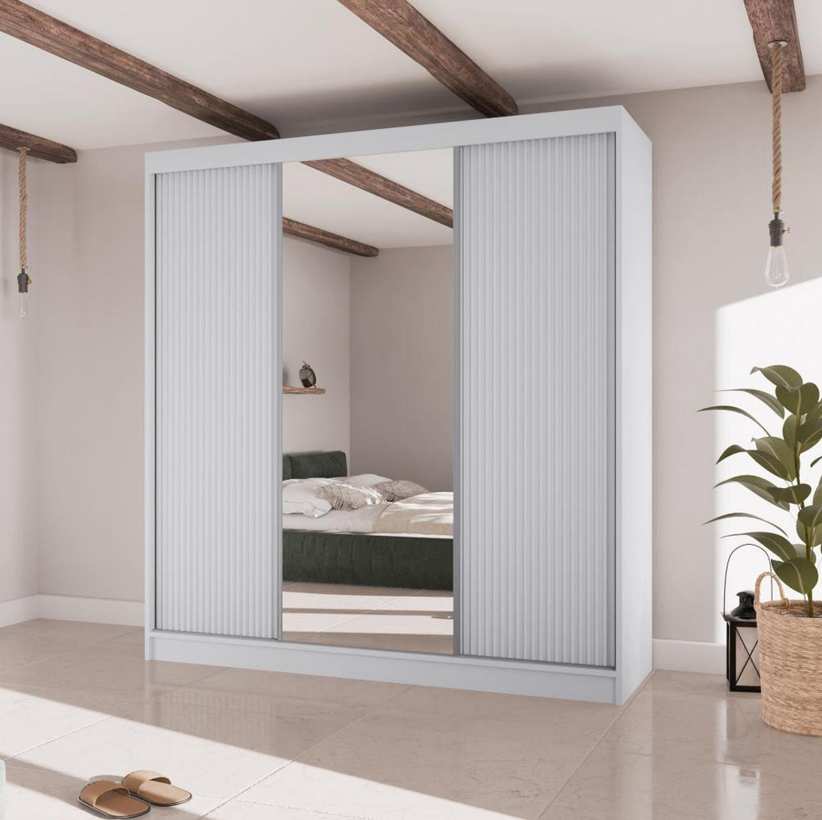 SCHWEBETÜRENSCHRANK Ramos II 200/61/215 eiche weiß - Weiß, Holzwerkstoff (200/215/61cm) - Beautysofa