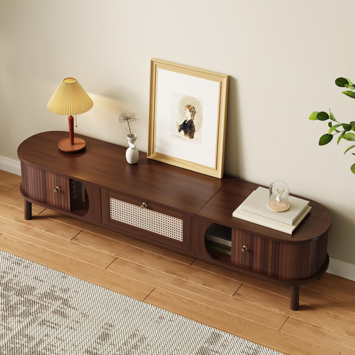 TV-SCHRANK mit Rattan-Schubladen und Türen in Holzoptik 170/38/39.5 cm - Eichefarben, Holzwerkstoff (170/38/39.5cm) - Redom