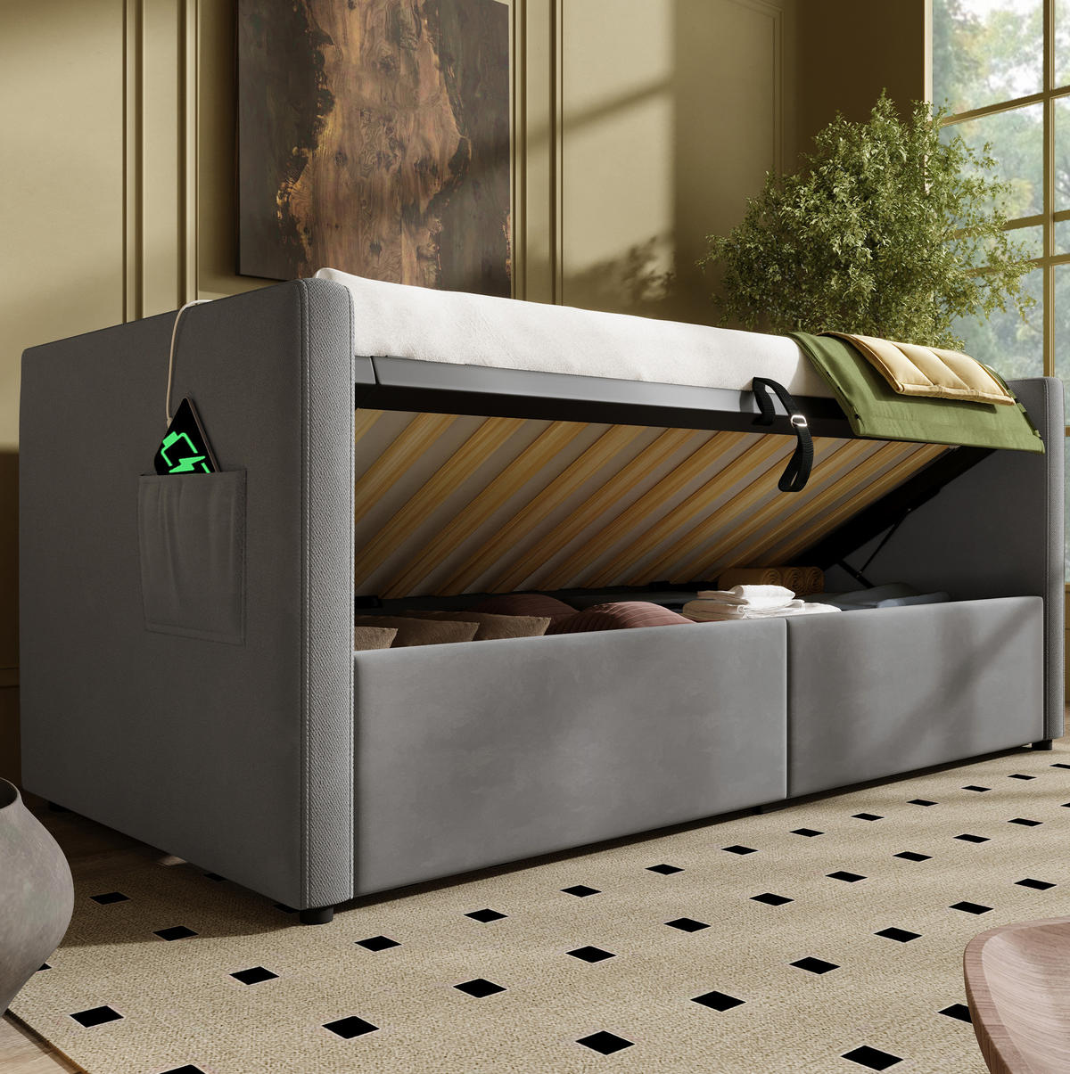 POLSTERBETT aus Samt 90x200 cm in Grau mit Stauraum & Ladestation - Grau, Textil (90/200cm) - Modfu