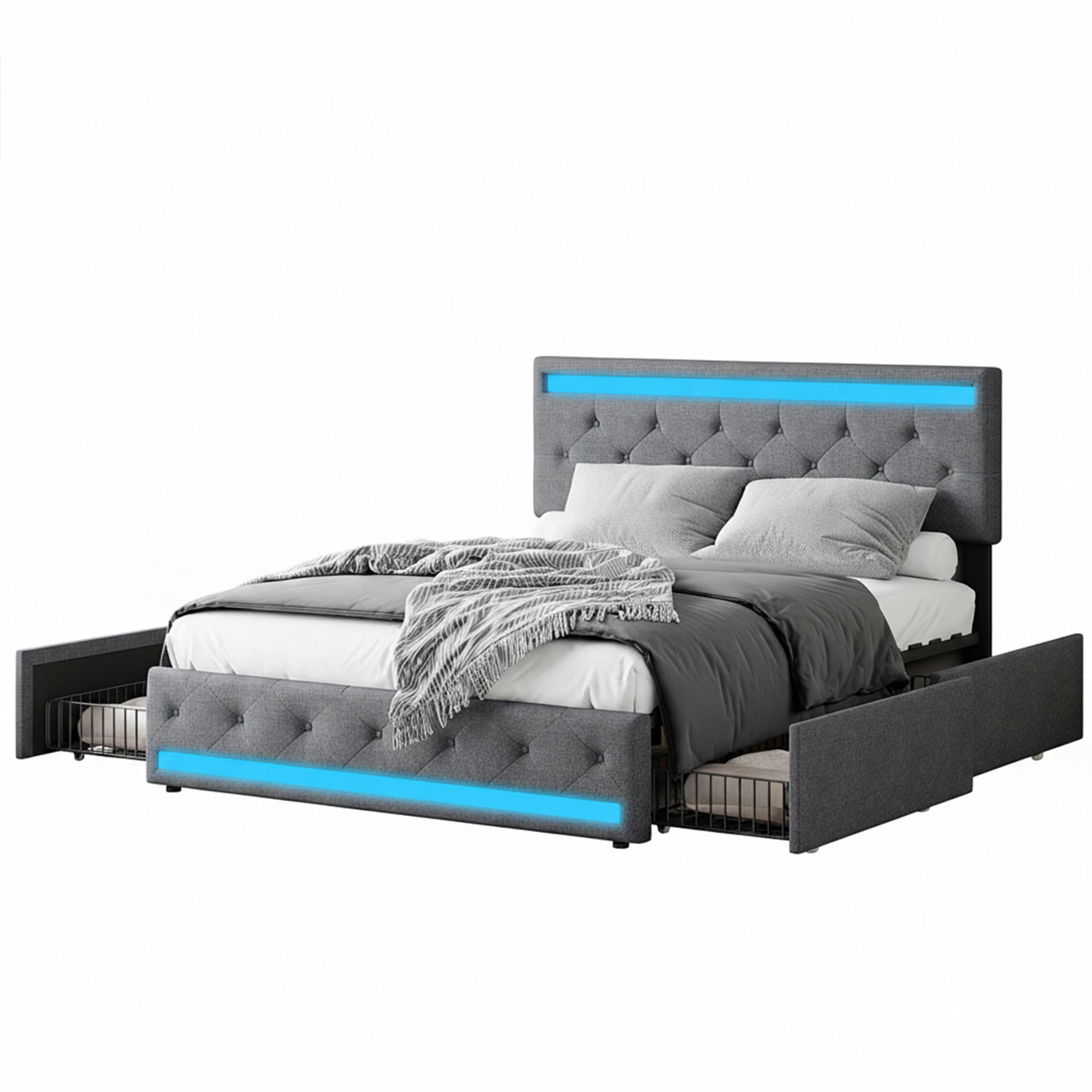 POLSTERBETT 140x200 cm mit LED und USB, Doppelbett mit Lattenrost und Kopfteil, Bett 140x200, Leinenstoff, Grau - Grau, Holzwerkstoff/Textil (140/200cm) - GENKI LIVING