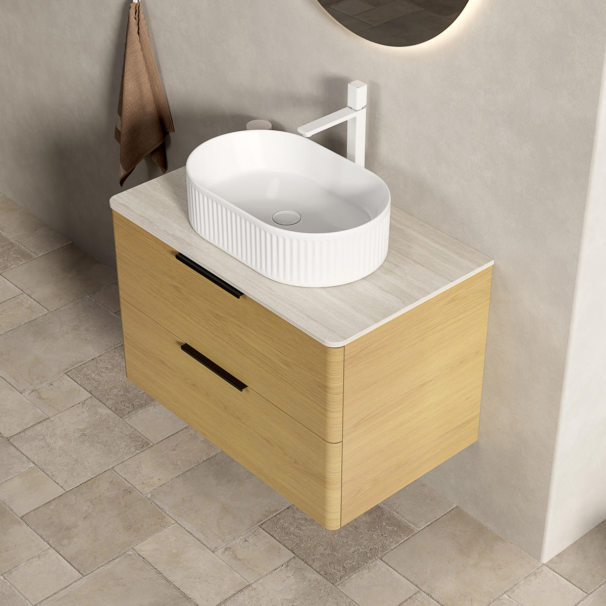 WASCHTISCHUNTERSCHRANK 75x46x62.2cm Beige/Eiche/Weiß mit ovalem Keramikbecken & Travertin-Arbeitsplatte - Eichefarben, Keramik (75/62.2/46cm) - Modfu