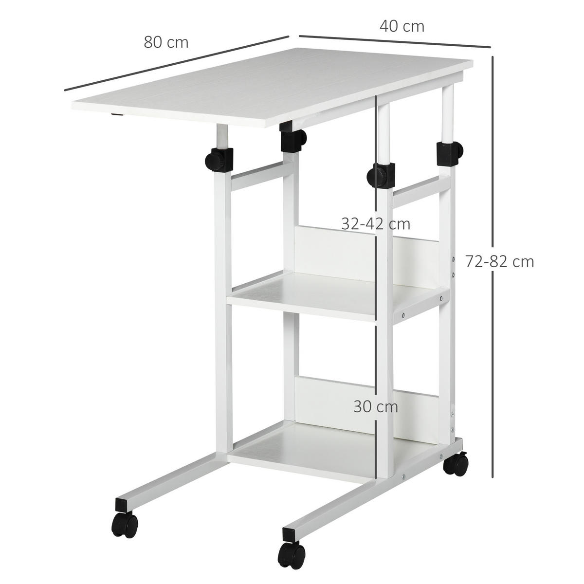 BEISTELLTISCH Couchtisch mit Rollen höhenverstellbar 2 untere Regale Esszimmer - Weiß, Kunststoff (80/40/82cm) - HOMCOM
