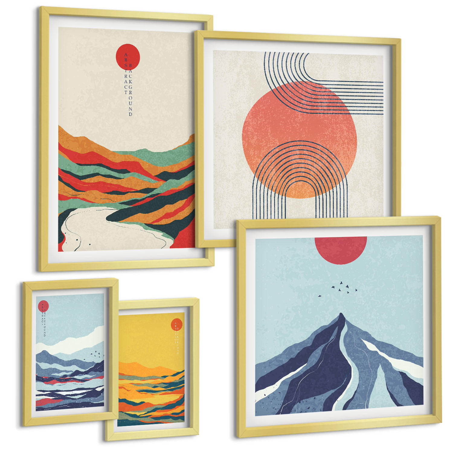 BILDER SET 5er Set - 50x50 cm & 20x30 cm & 40x60 cm Goldrahmen - Pastellfarbene Berge im Japandi-Stil - Goldfarben, Kunststoff (40/60cm) - TULUP