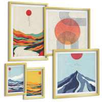 BILDER SET 5er Set - 50x50 cm & 20x30 cm & 40x60 cm Goldrahmen - Pastellfarbene Berge im Japandi-Stil - Goldfarben, Kunststoff (40/60cm) - TULUP