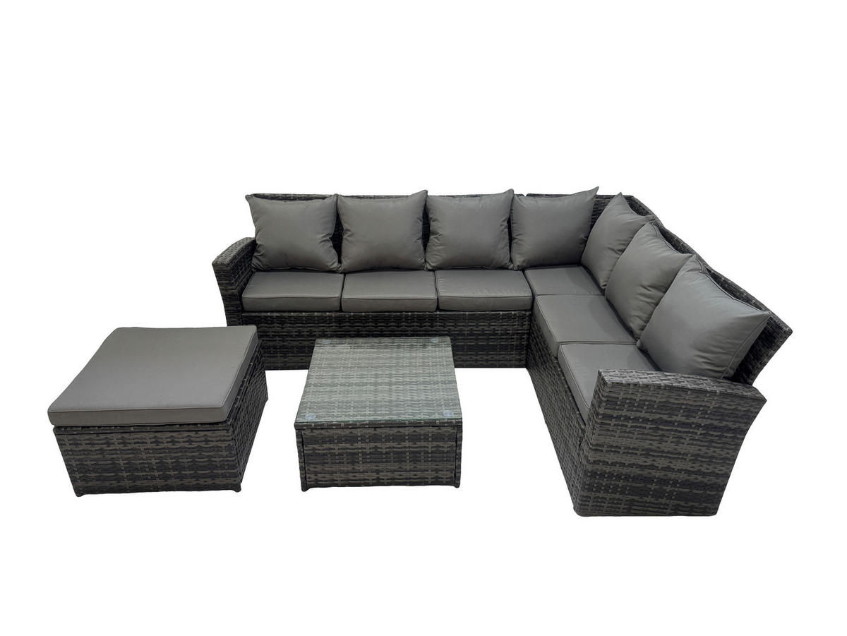 GARTENSOFA SET Hohe Rückenlehne Polyrattan Dunkelgrauer Mix 7-Sitzer - Dunkelgrau/Grau, Glas/Kunststoff - Fimous