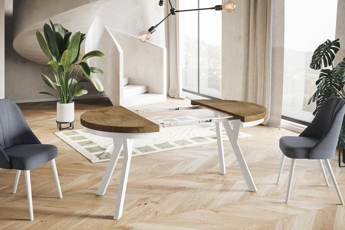 ESSZIMMERTISCH EVO, ausziehbarer Tisch 120 cm bis 220 cm, Farbe: LEFAKS, mit Holzbeinen in Farbe Weiß - Dunkelbraun/Weiß, Holzwerkstoff (120/120/77cm) - Alpi-Möbel