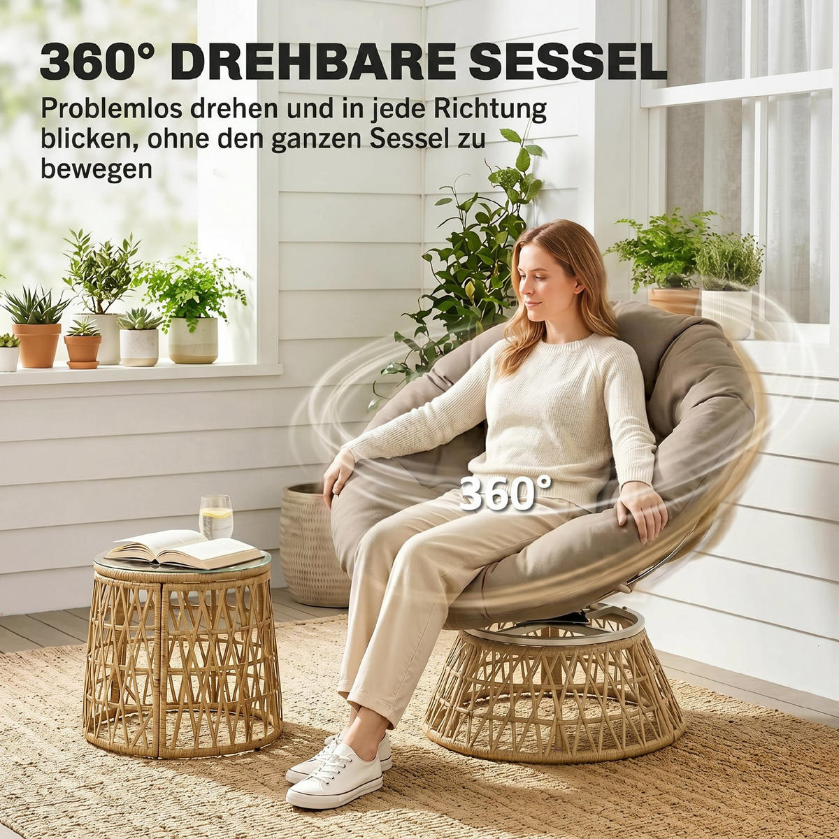 BISTRO-SET DE-06707 360° drehbare Stühle, wetterbeständig Natur/Hellbraun - Mokka, Kunststoff/Metall - ComfortXL