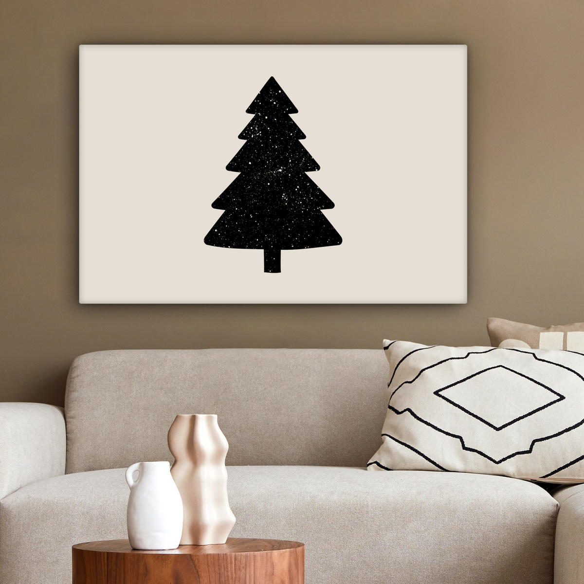 LEINWANDBILD Weihnachtsbaum - Schwarz - Urlaub - Beige Gemälde 60x40 cm - Schwarz, Textil (60/40cm) - MuchoWow