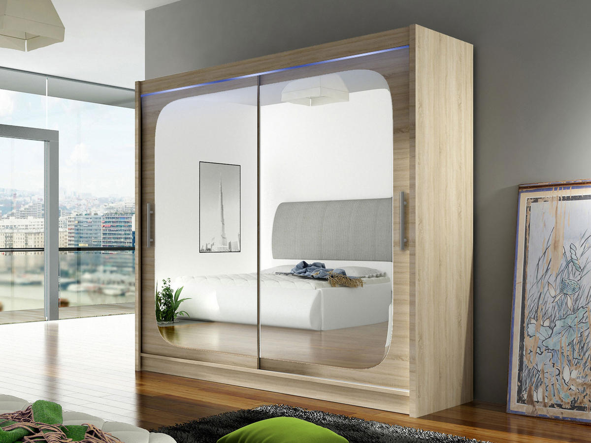 KLEIDERSCHRANK London VIII, mit RGB LED Beleuchtung - Silberfarben/Sonoma Eiche, Holzwerkstoff/Kunststoff (180/215/58cm) - MIRJAN24