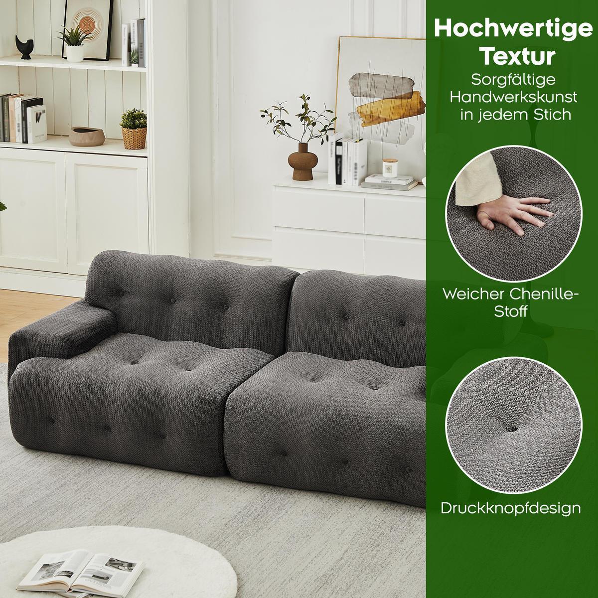 2-SITZER SOFA Chenille Grau mit Knopfverzierung und Armlehnen - Dunkelgrau, Textil (224/66/104cm) - WISHDOR