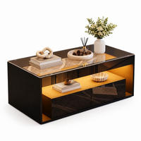 COUCHTISCH aus Spanplatte und Glas 100x50x40 cm Schwarz mit LED-Beleuchtung und 2 Schubladen - Schwarz, Holzwerkstoff (100/50/40cm) - IVMEU