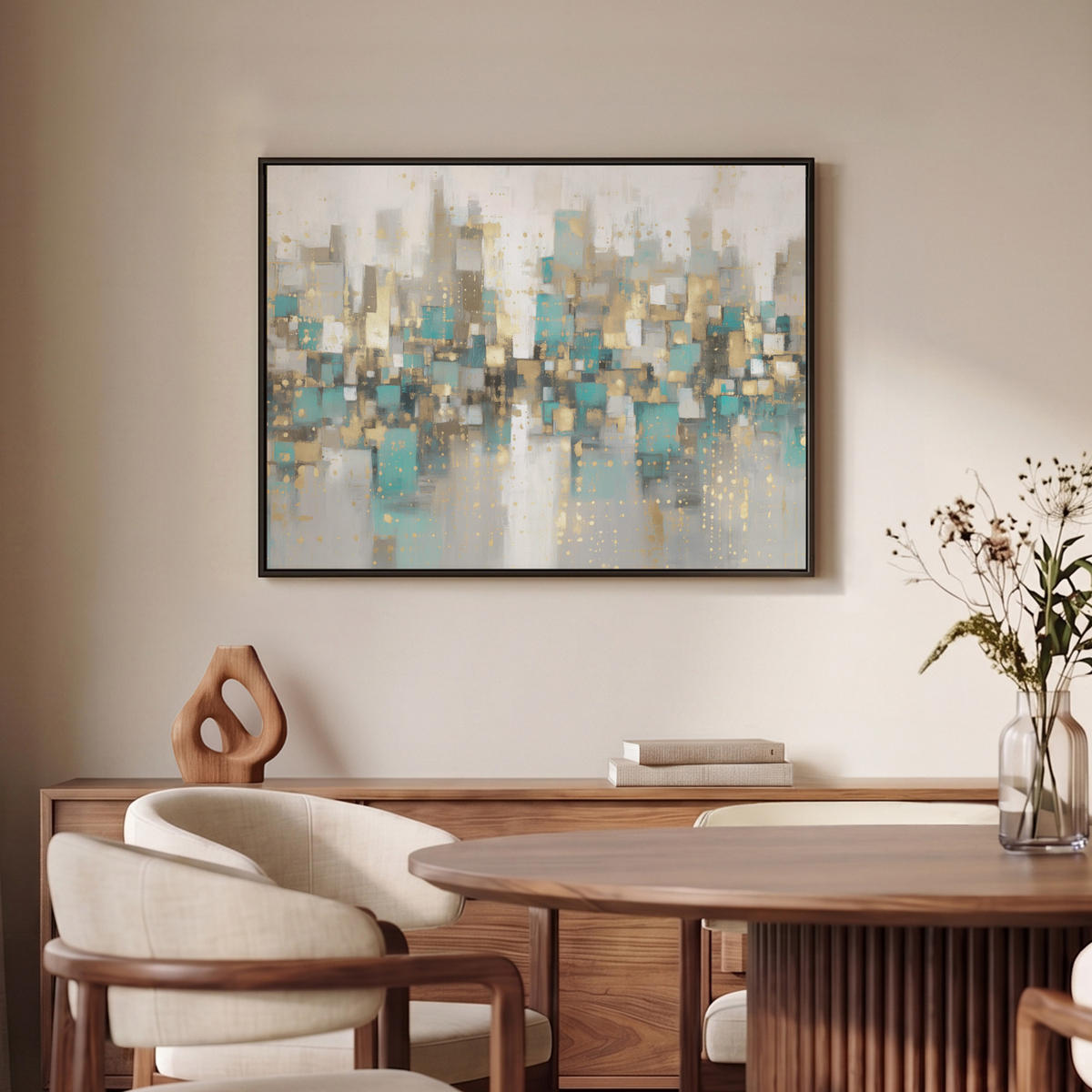 LEINWAND Bilder mit Rahmen - Abstrakt - Blöcke - Gold - Skyline - 80x60 - Beige, Textil (80/60cm) - MuchoWow