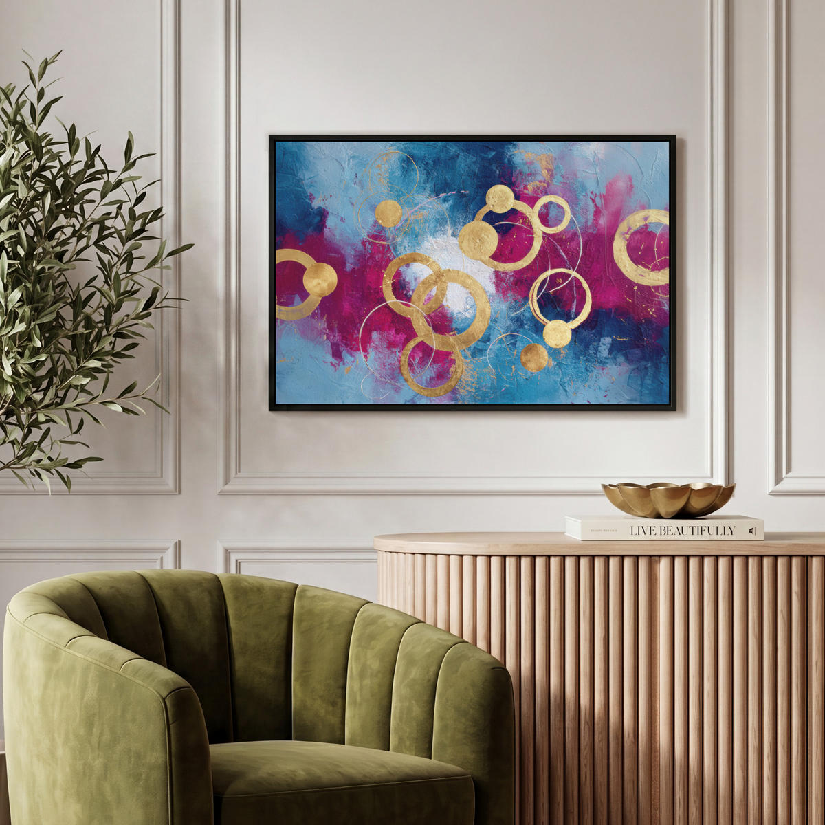 LEINWAND Bilder mit Rahmen - Kreise - Gold - Abstrakt - 60x40 - Blau, Textil (60/40cm) - MuchoWow