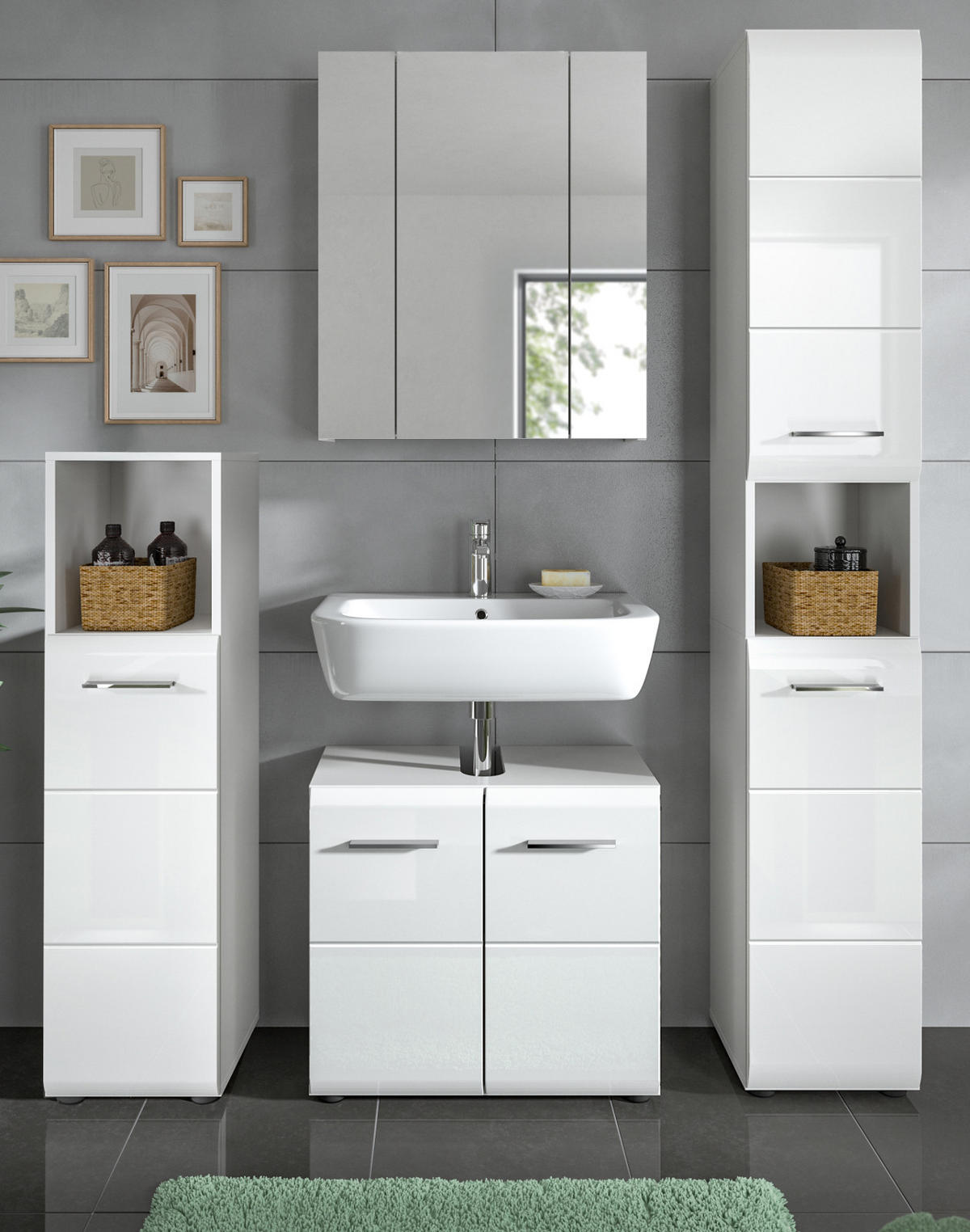 BADMÖBEL-SET weiß Hochglanz 4-teilig 150 cm, Komplettset mit viel Stauraum - Weiß Hochglanz/Silberfarben, Glas/Holzwerkstoff (150/185/30cm) - Inn.Furn