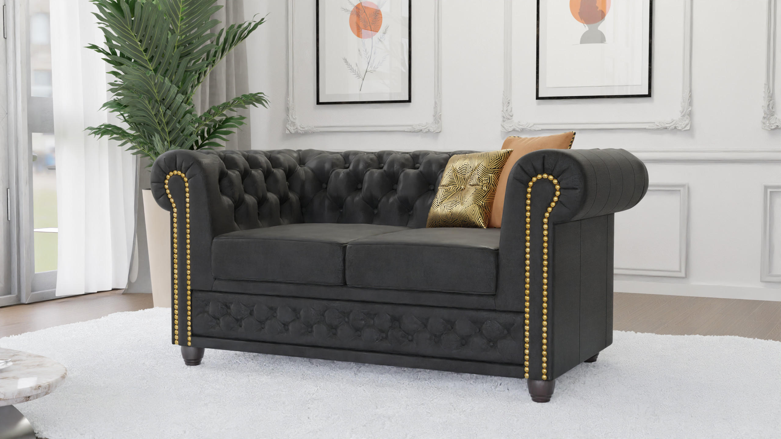 CHESTERFIELD-SOFA 2-sitzer mit Schlaffunktion Flux Anthrazit Microfaser Vintageoptik - Anthrazit/Braun, Holz/Textil (148/72/86cm) - S-Style Möbel