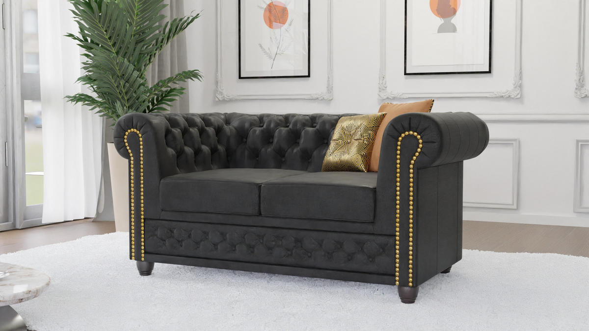 SITZGARNITUR 3+2+1 Chesterfield Flux Anthrazit Microfaser Vintageoptik - Anthrazit/Braun, Holz/Textil (203/72/86cm) - S-Style Möbel