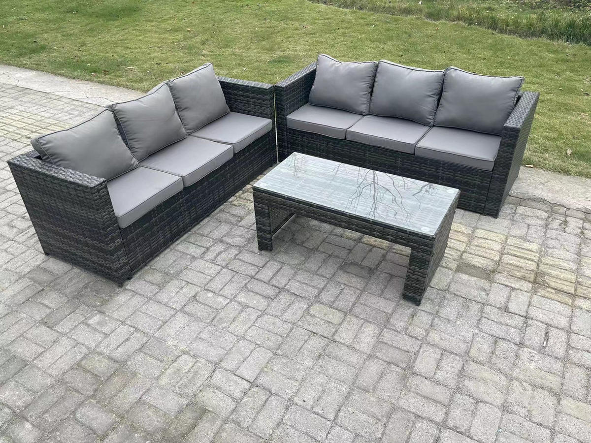 GARTENSOFA Hohe Rückenlehne Polyrattan 6-Sitzer - Dunkelgrau/Grau, Glas/Kunststoff - Fimous