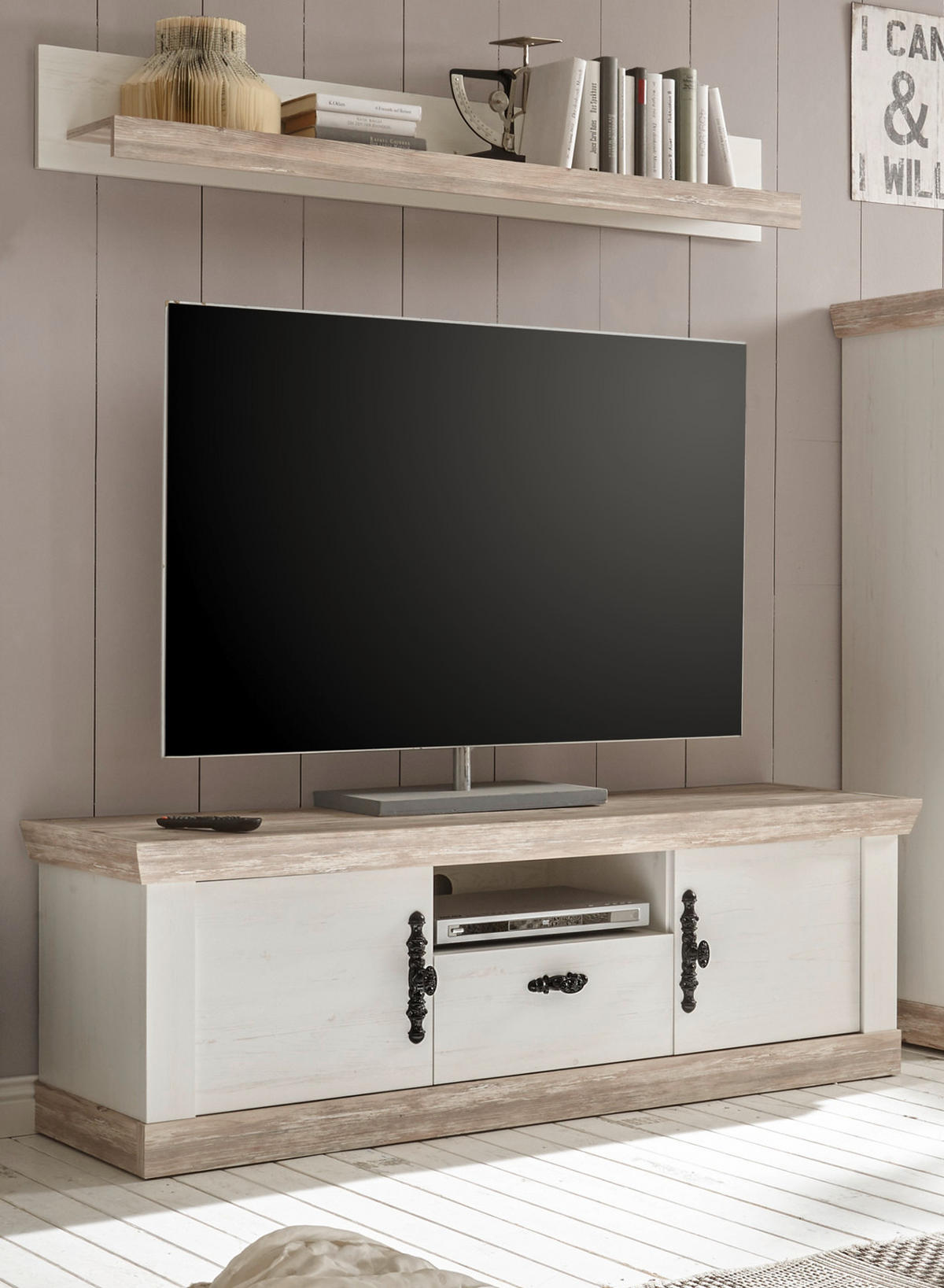 TV-LOWBOARD Pinie weiß, Oslo Pinie Landhaus, TV-Unterteil, 156 x 51 cm - Anthrazit/Weiß, Holzwerkstoff/Metall (156/51/44cm) - Furn.Design