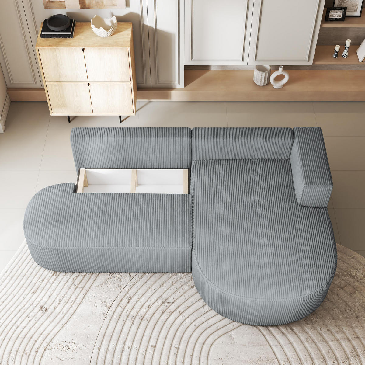 ECKSOFA CORTIO P R-S Creme Kordstoff mit Schlaffunktion - Creme, Holz (265/174cm) - MASSENO