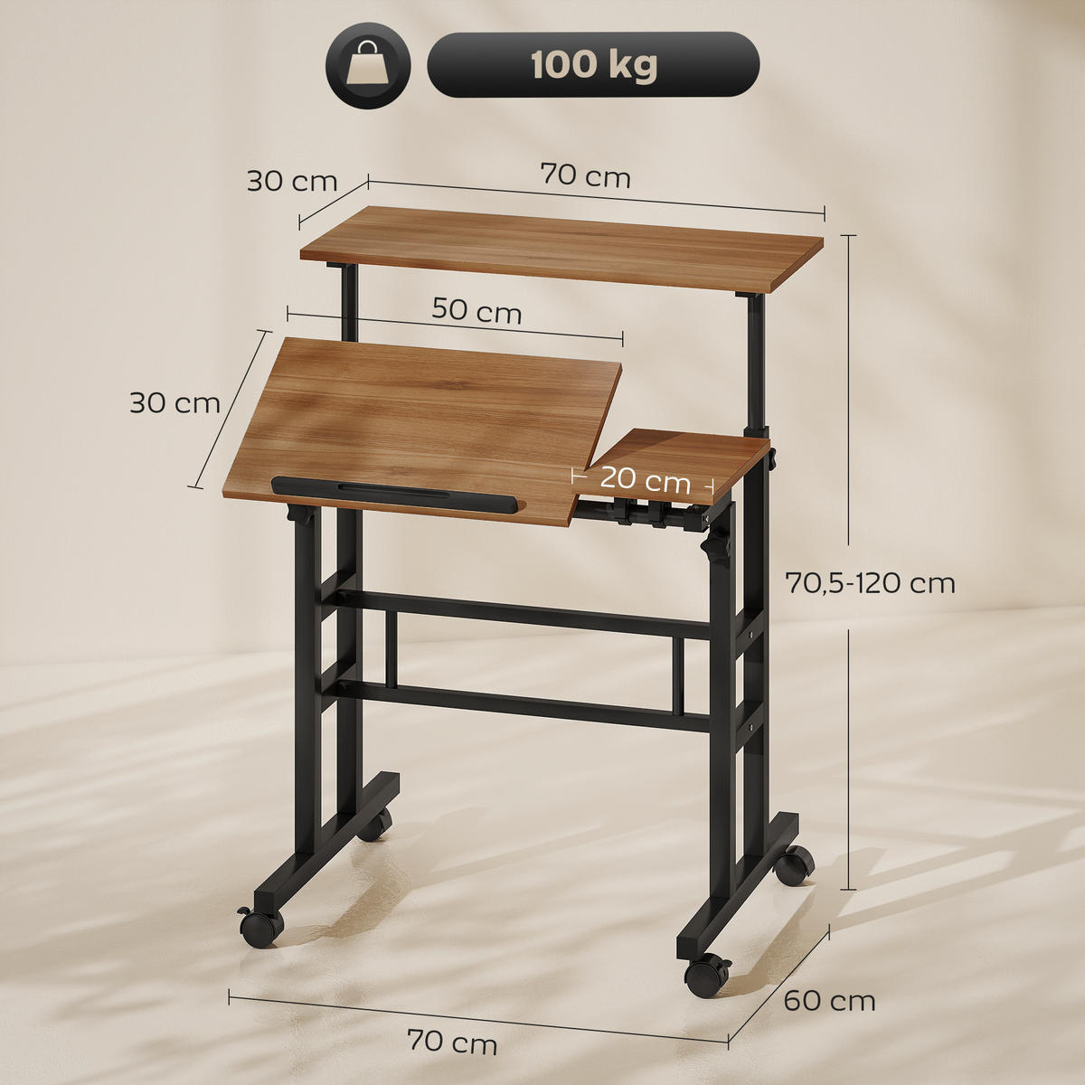 COMPUTERTISCH Braun höhenverstellbar mit neigbarer Arbeitsplatte und Rollen 70/60/70,5-120 cm - Braun, Holzwerkstoff (60/70/120cm) - PANGIVO