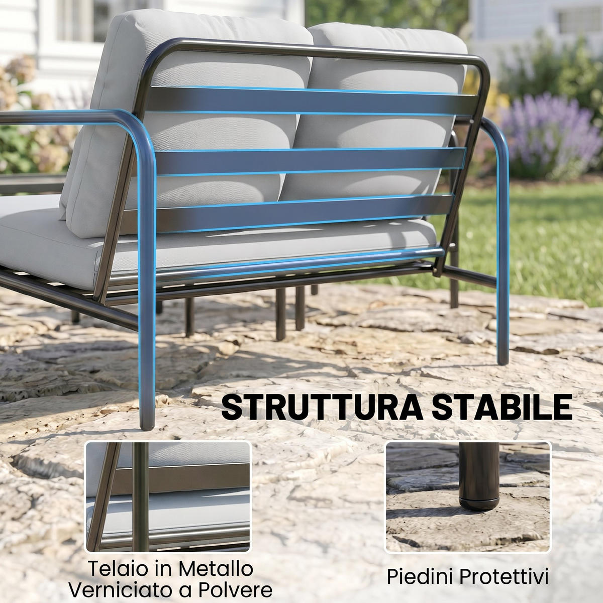 GARTENMÖBEL-SET, Stahl 4-teilig Doppelsofa, hellgrau - Grau, Metall - Vallsero