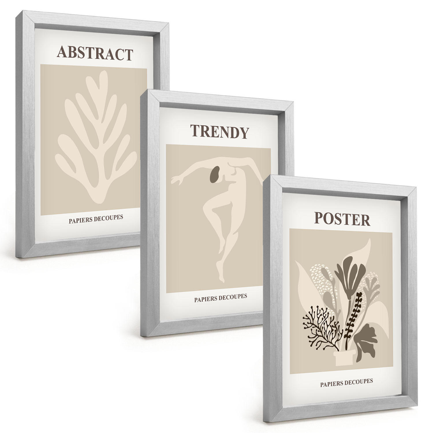 BILDER SET 3er Set - 20x30 cm Silberner Rahmen - Blumenmuster beige braun - Silberfarben, Kunststoff (20/30cm) - TULUP