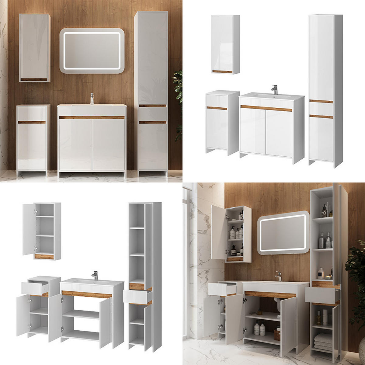 BADMÖBEL-SET Lemgo Weiß Hochglanz 5er-Set - Honigeiche/Weiß Hochglanz, Holzwerkstoff (79.8/81.9/40cm) - Vicco