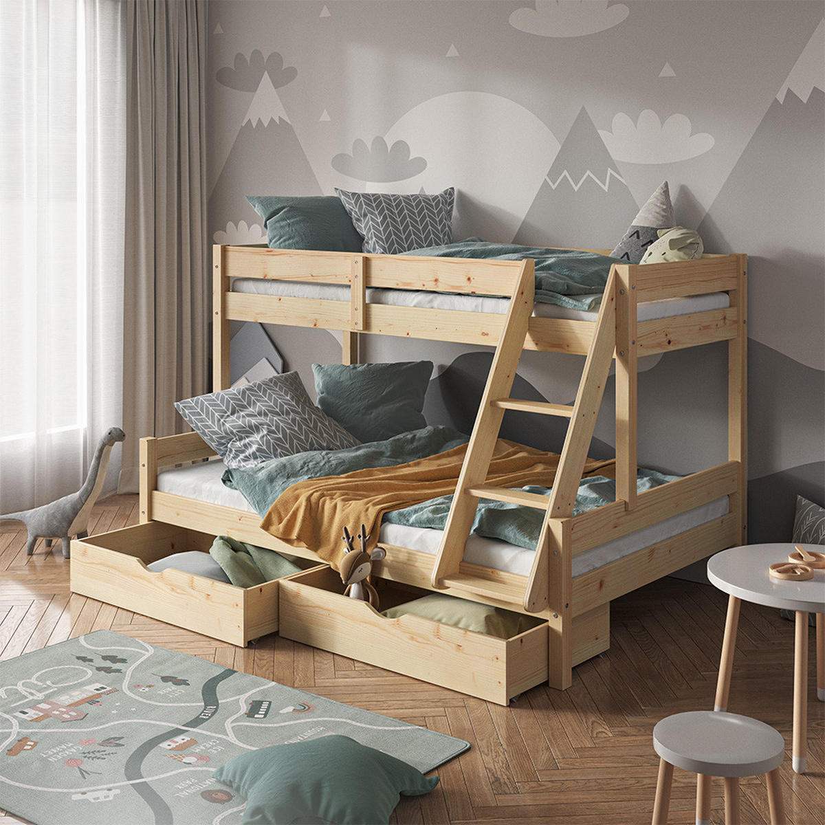 ETAGENBETT Everest Naturholz 120x200/80x200 cm mit Schubladen - Naturfarben, Holz (120/200cm) - VitaliSpa