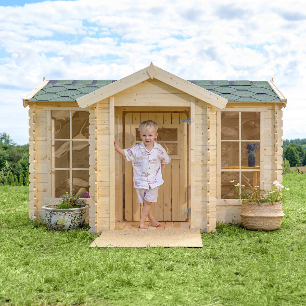 KINDERSPIELHAUS aus Holz - B241xT178xH151 cm/2.63m2 - M520 - Beige, Holz (241/151/187cm) - Timbela