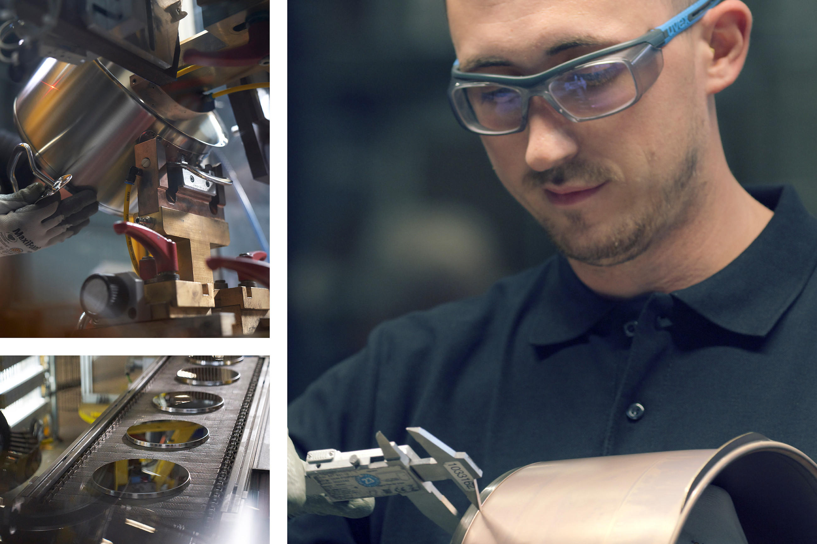 Collage aus Detailaufnahmen der FISSLER Produktion: Links oben wird ein Edelstahltopf in einer Maschine bearbeitet, links unten laufen Metallteile auf einem Förderband; rechts misst ein Mitarbeiter mit Schutzbrille ein Topfbauteil mit einer Schieblehre.