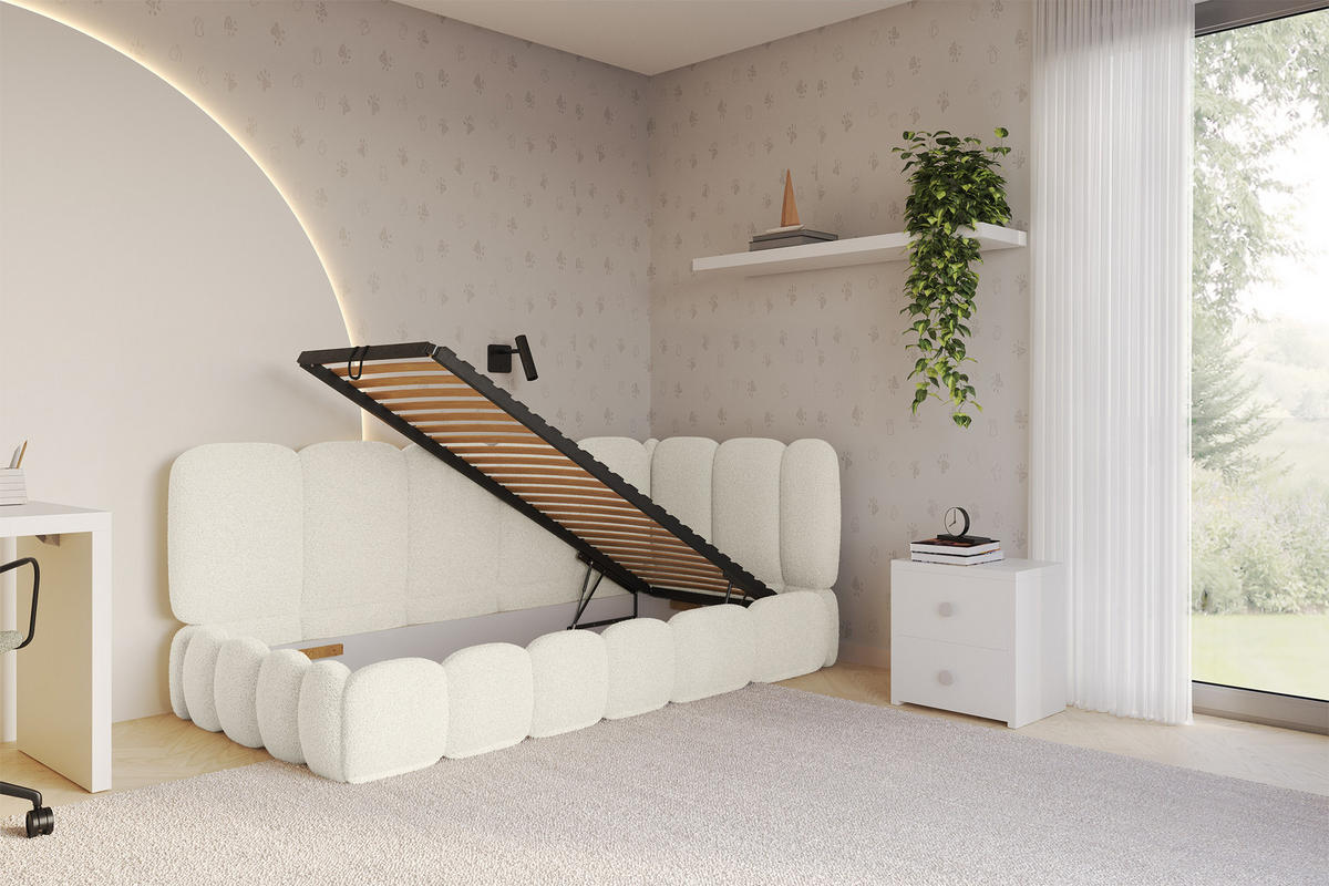 EINZELLBETT Jugendbett mit Bettkasten und Matratze H3/H4, Links - AVRY 80x200 Beige - Champagner, Holzwerkstoff/Textil (80/200cm) - ALTDECOR