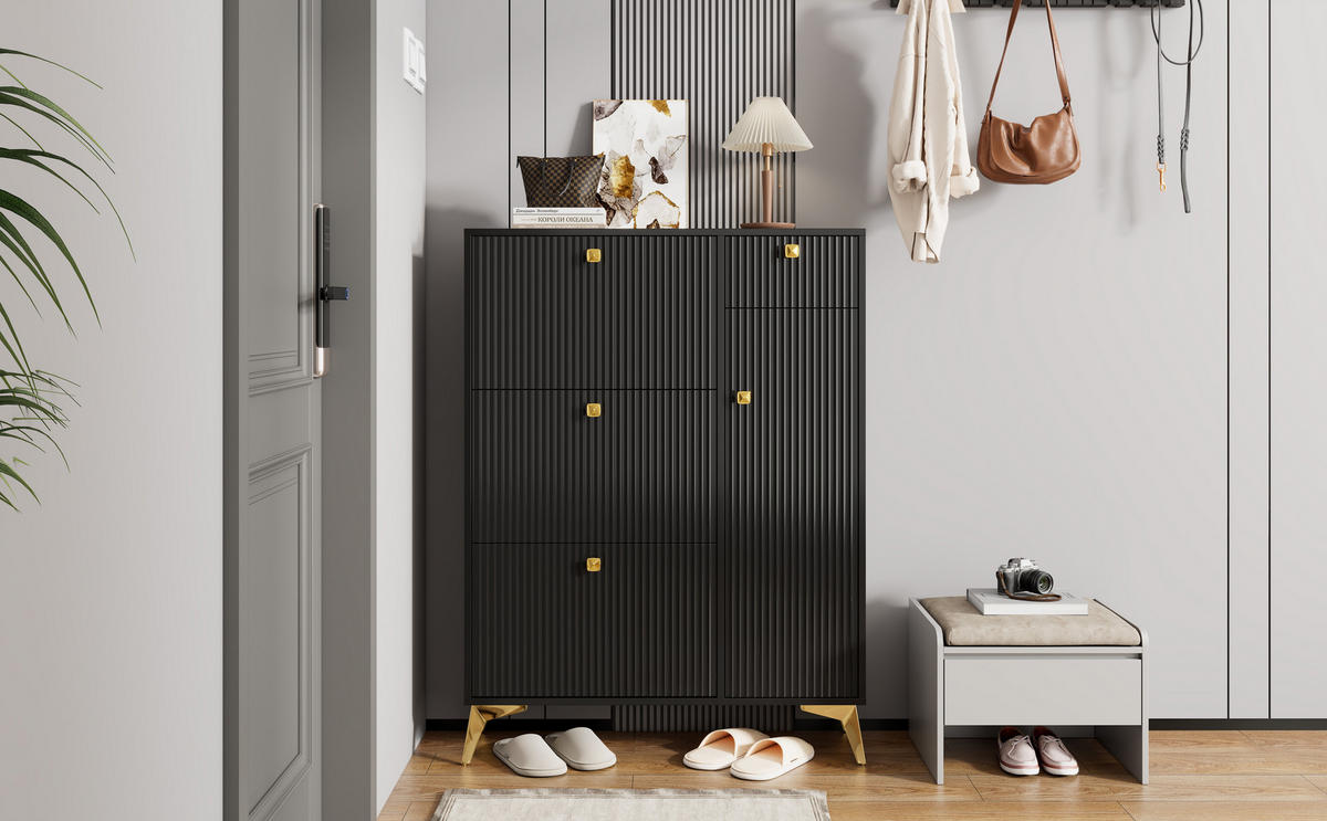HIGHBOARD mit Rillenfront & goldenen Akzenten - Schwarz, Holzwerkstoff (90/121/25cm) - Urban Meuble