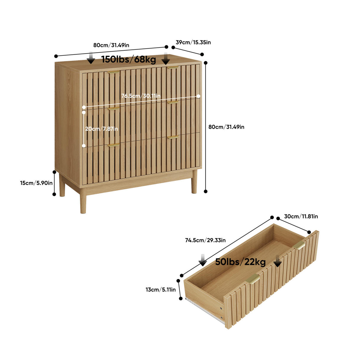 KOMMODE 80/39/80 cm aus MDF und Holzwerkstoff mit 3 Schubladen und Gitterfront Eichefarben - Nussbaumfarben, Holzwerkstoff (80/80/39cm) - Modenvie