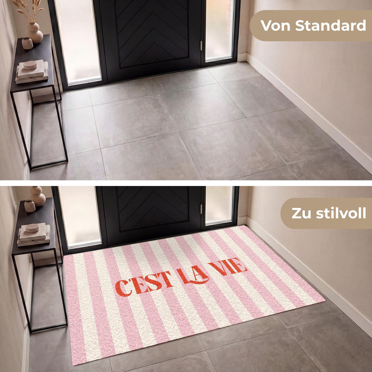 FUSSMATTE Zartrosa – Rot – Streifen – C'est La Vie 180x120 cm - Rosa, Kunststoff (180/0.4cm) - MuchoWow