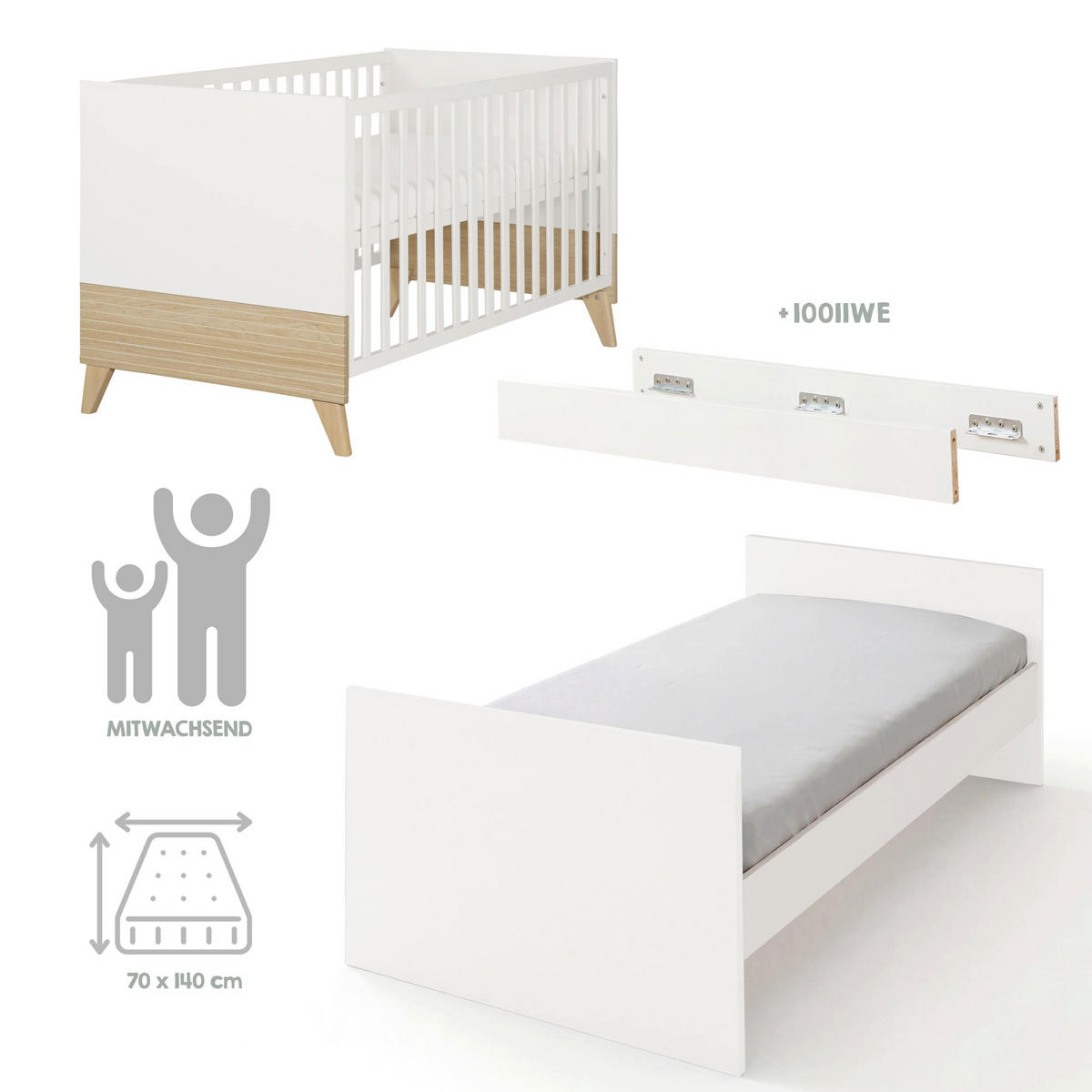 BABYBETT Theo 70 x 140 cm - Eichefarben/Weiß, Holz/Holzwerkstoff (70/140cm) - Roba
