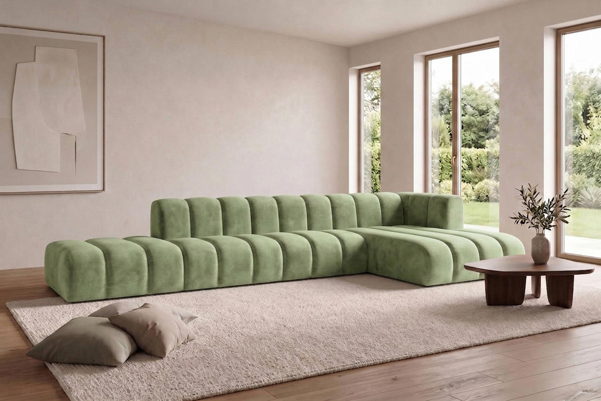 ECKSOFA Modulares In L-Form Mit Hocker, Velvet-Stoff Riviera, Olive, Rechts, GRAND - Olivgrün, Holz (386/179cm) - Kaiser Möbel
