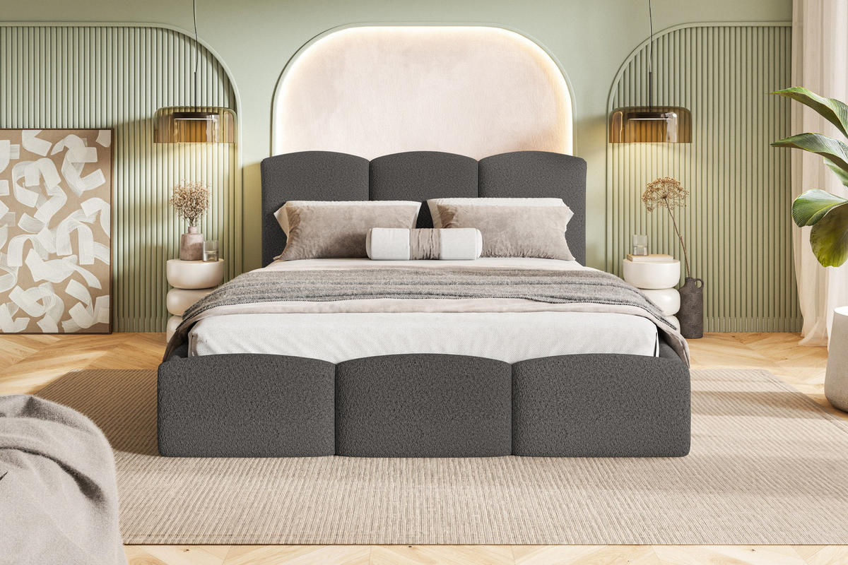 POLSTERBETT 140x200 Roma Slim mit Bettkasten, Lattenrost, Boucle Dunkelgrau - Dunkelgrau, Holz/Textil (140/200cm) - Emporius