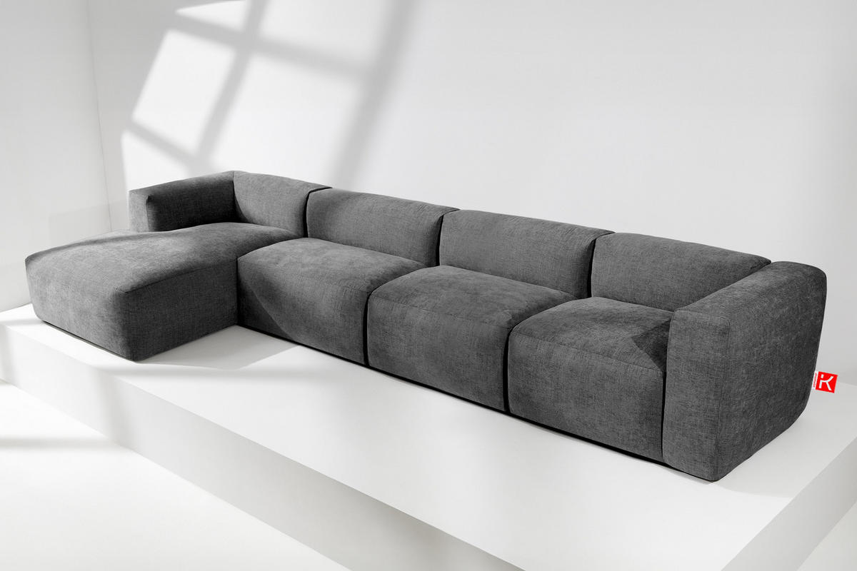 ECKMODULSOFA-LINKS BUFFO 6-Sitzer mit extrem weicher Sitzfläche, Gewebestoff, aschfahl - Grau, Textil (377/180cm) - KONSIMO®