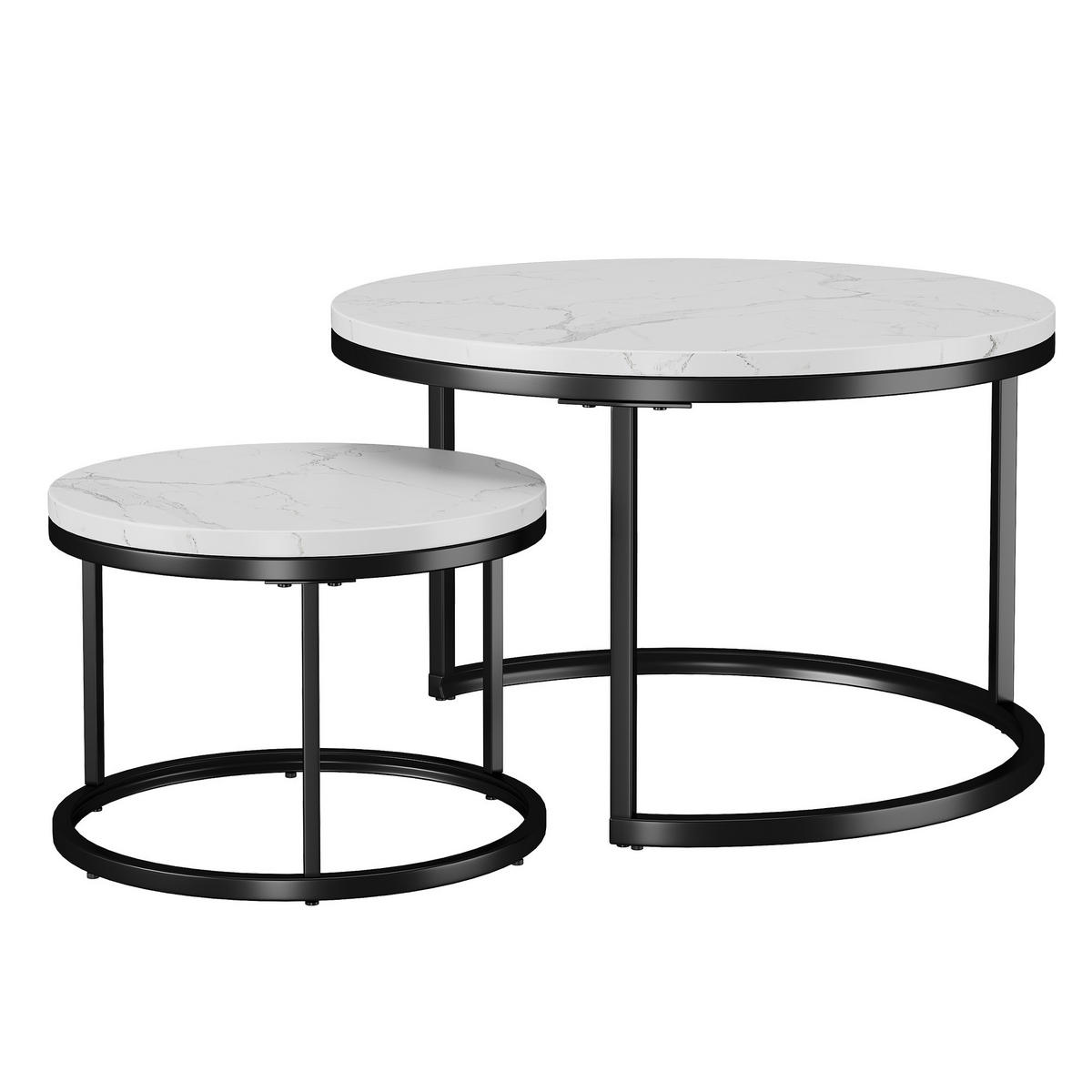 COUCHTISCH 2-tlg stapelbarer Kaffeetisch Nestingtische,Beistelltisch Wohnzimmertisch mit Metallgestell für Wohnzimmer - Schwarz/Weiß, Holzwerkstoff/Metall (70/70/45cm) - EVRYAE