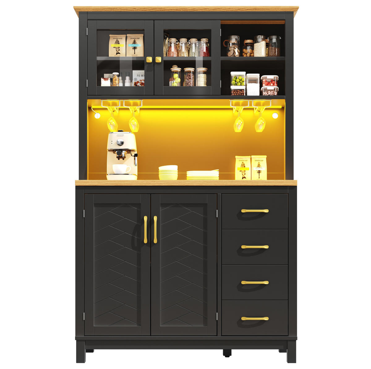 BUFFET 105,5/40/180 cm mit 4 Türen, Schubladen & LED-Lichtleiste - Schwarz, Holzwerkstoff (105.5/180/40cm) - BEAOK