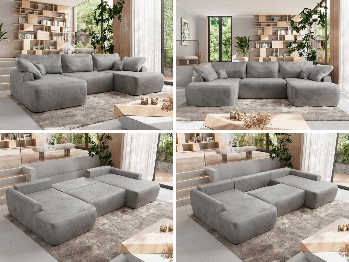WOHNLANDSCHAFT CUBO U Hellgrau Velvet - Hellgrau/Schwarz, Kunststoff/Textil (370/100/187cm) - MKS