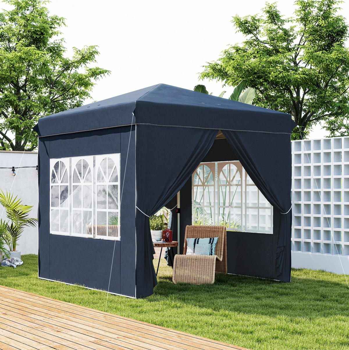 FALTPAVILLON 248/248/270 cm mit Pop-up-Mechanismus, 3-fach höhenverstellbar und 4 Seitenteilen, Blau - Blau, Textil (248/270/248cm) - Redom